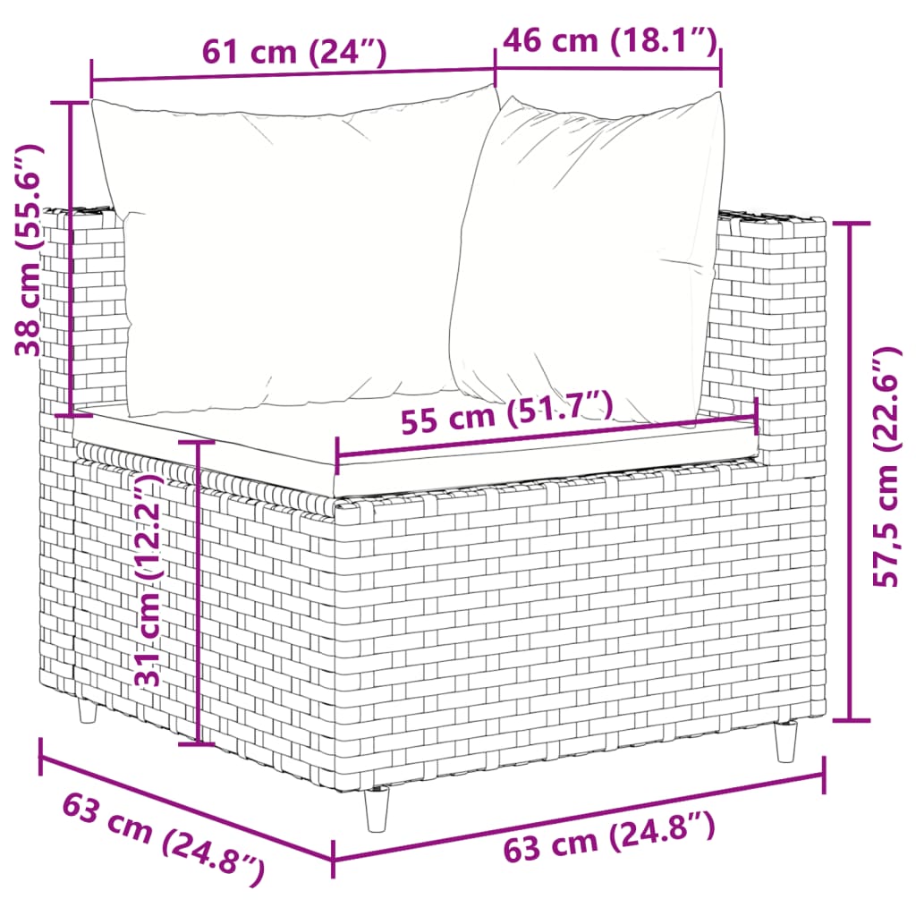 10 pièces. Ensemble canapé de jardin avec coussins en polyrotin marron