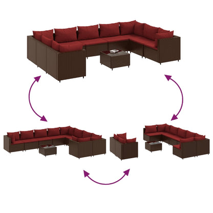 10 pièces. Ensemble canapé de jardin avec coussins en polyrotin marron