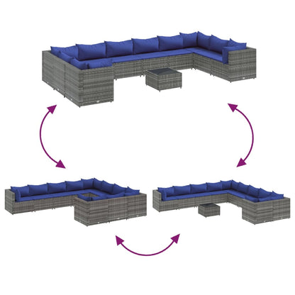 11 pièces. Ensemble de canapé de jardin avec coussins en polyrotin gris