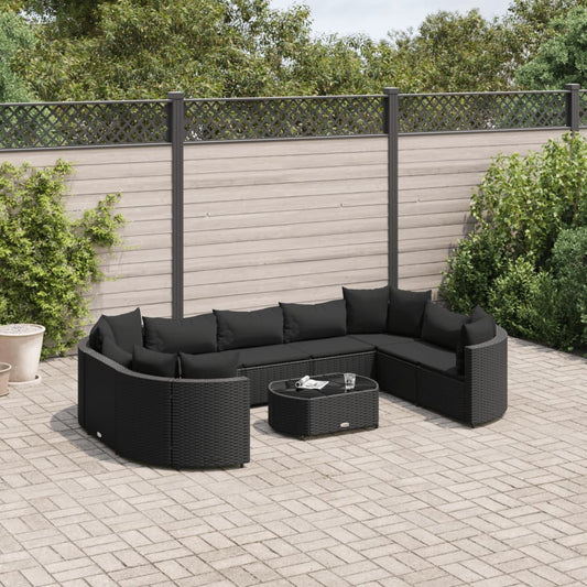 10 pièces. Ensemble de canapé de jardin avec coussin en polyrotin noir