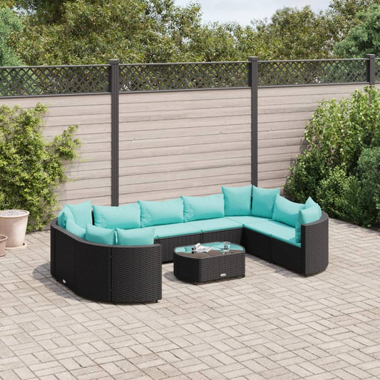 10 pièces. Ensemble de canapé de jardin avec coussin en polyrotin noir