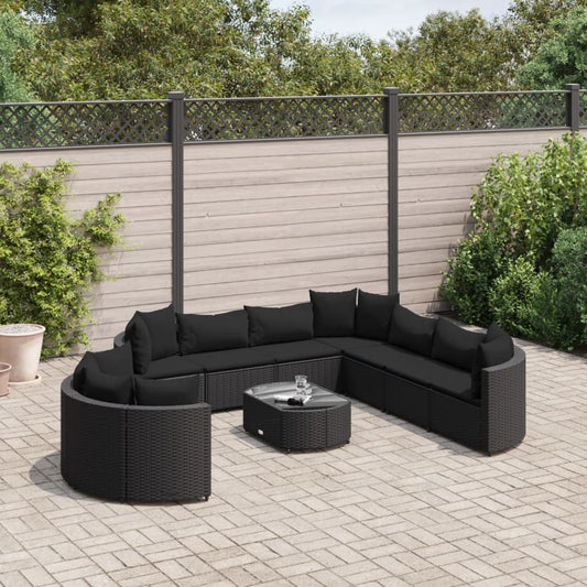 10 pièces. Ensemble de canapé de jardin avec coussin en polyrotin noir