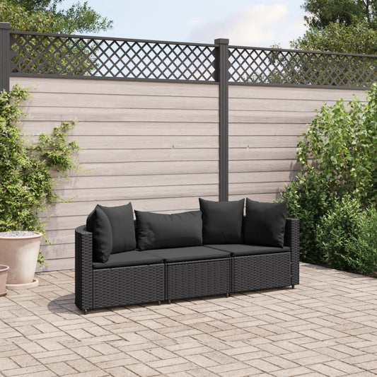 3-tlg. Garten-Sofagarnitur mit Kissen Schwarz Poly Rattan