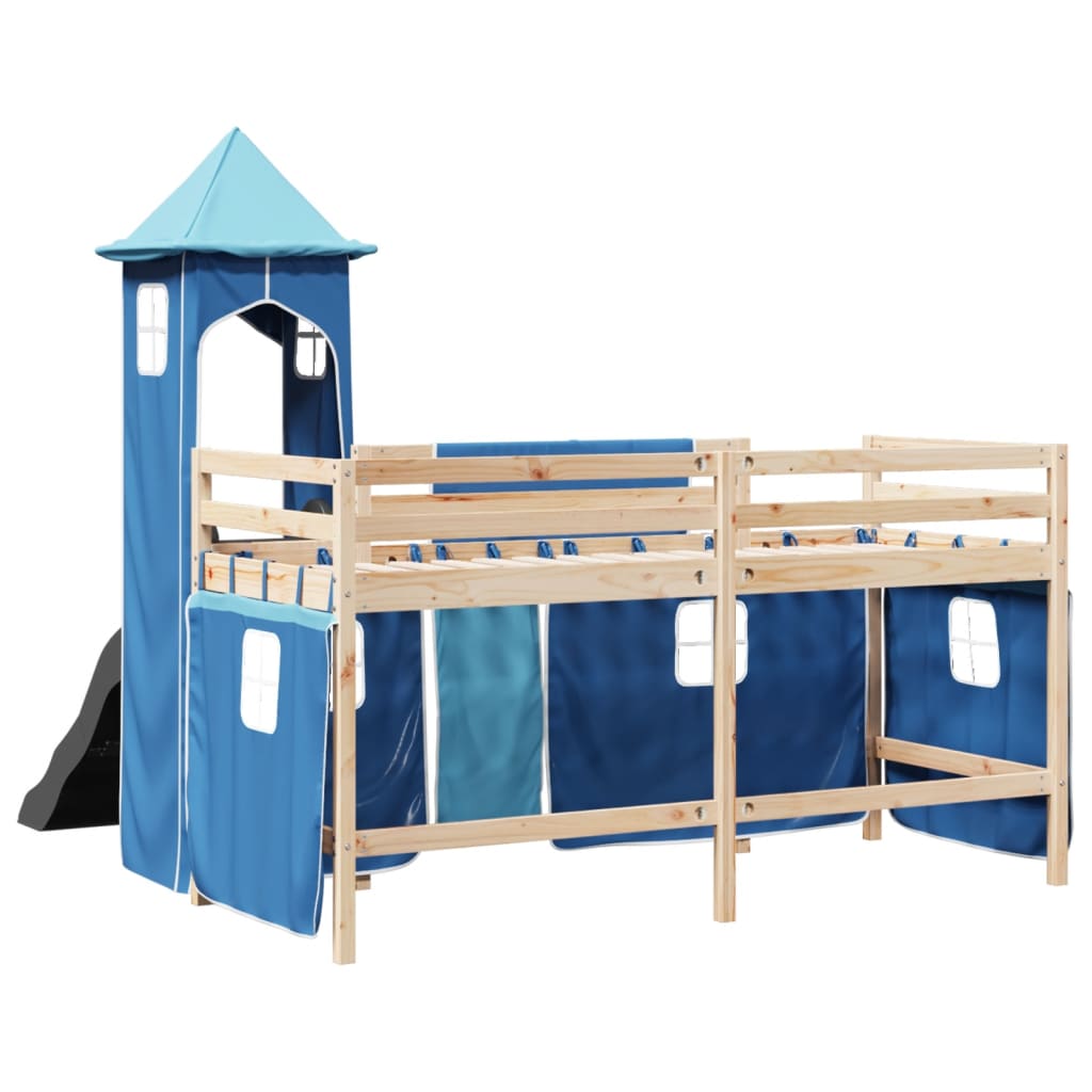 Kinderhochbett mit Turm Blau 80x200 cm Massivholz Kiefer