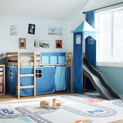 Kinderhochbett mit Turm Blau 80x200 cm Massivholz Kiefer