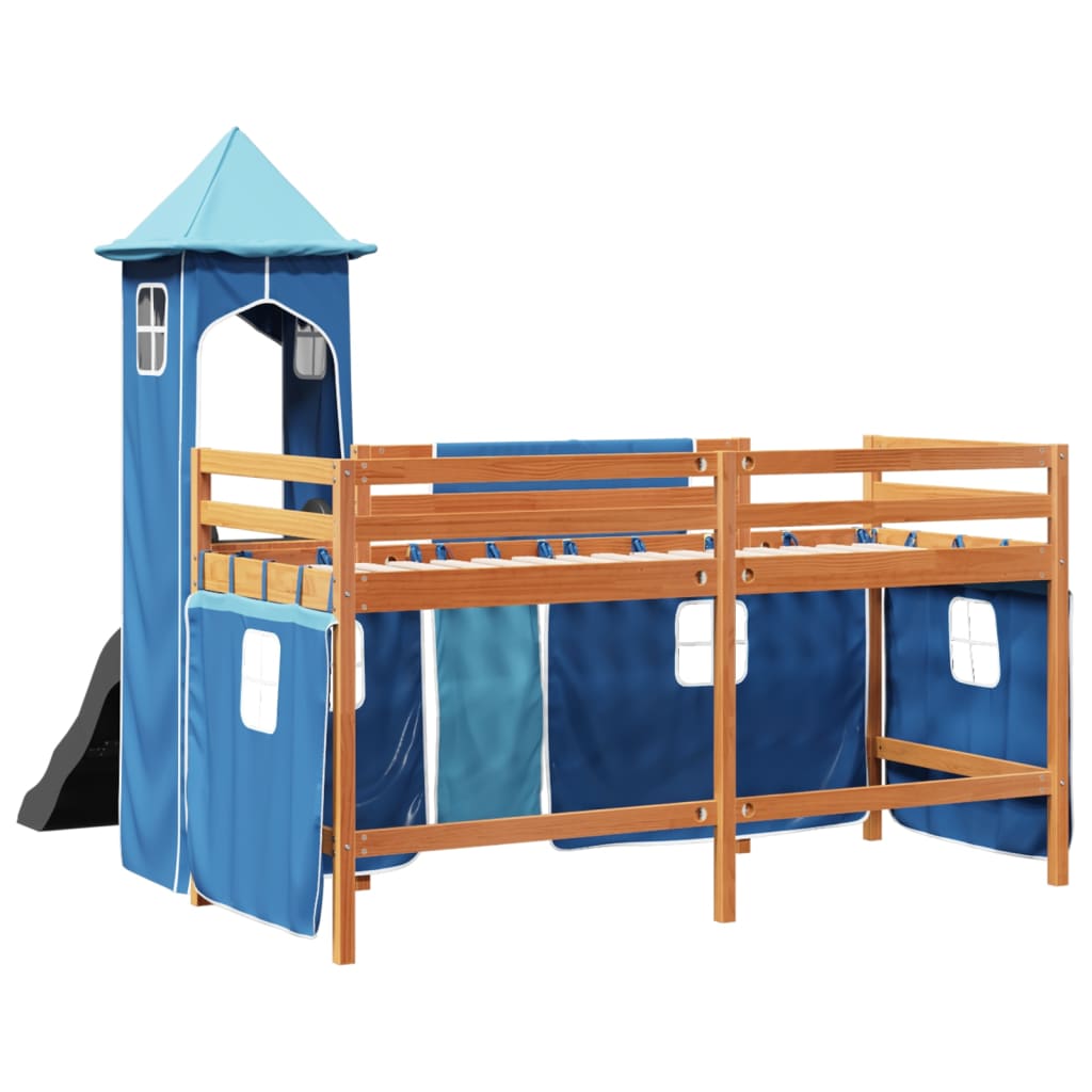 Kinderhochbett mit Turm Blau 90x200 cm Massivholz Kiefer