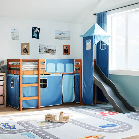 Kinderhochbett mit Turm Blau 90x200 cm Massivholz Kiefer