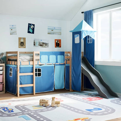 Kinderhochbett mit Turm Blau 90x190 cm Massivholz Kiefer