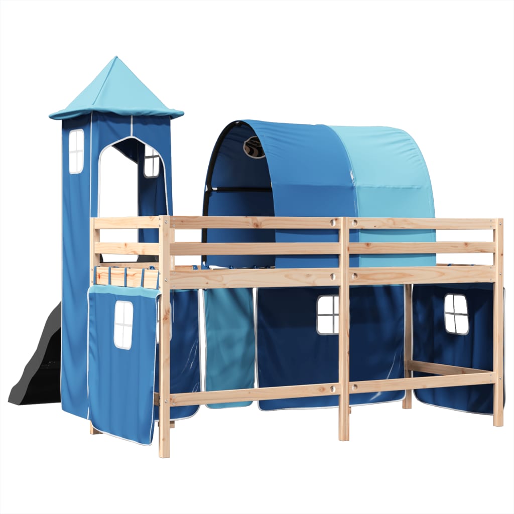 Kinderhochbett mit Turm Blau 80x200 cm Massivholz Kiefer