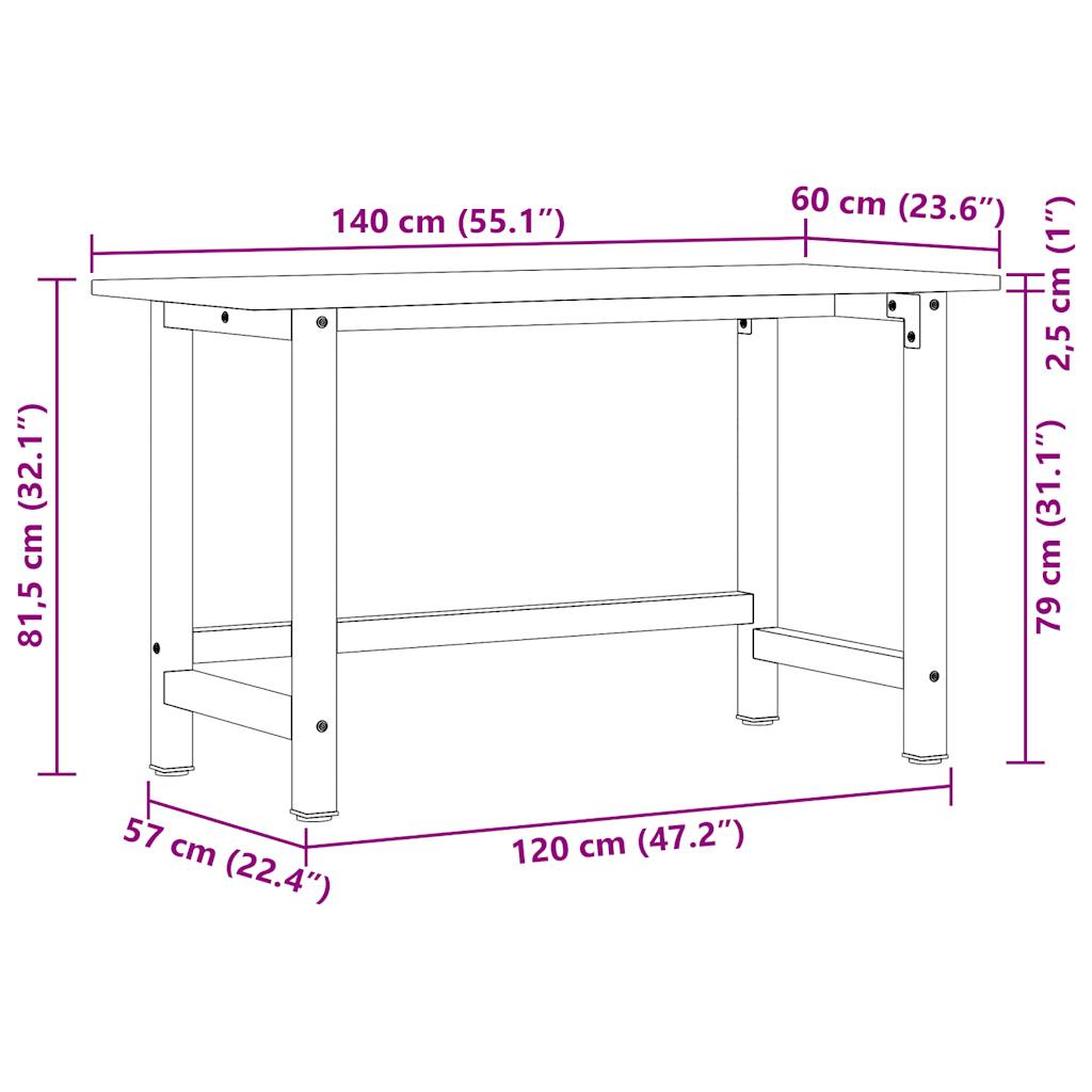 Werkbank Dunkelbraun 140x60x81,5 cm Massivholz Eiche