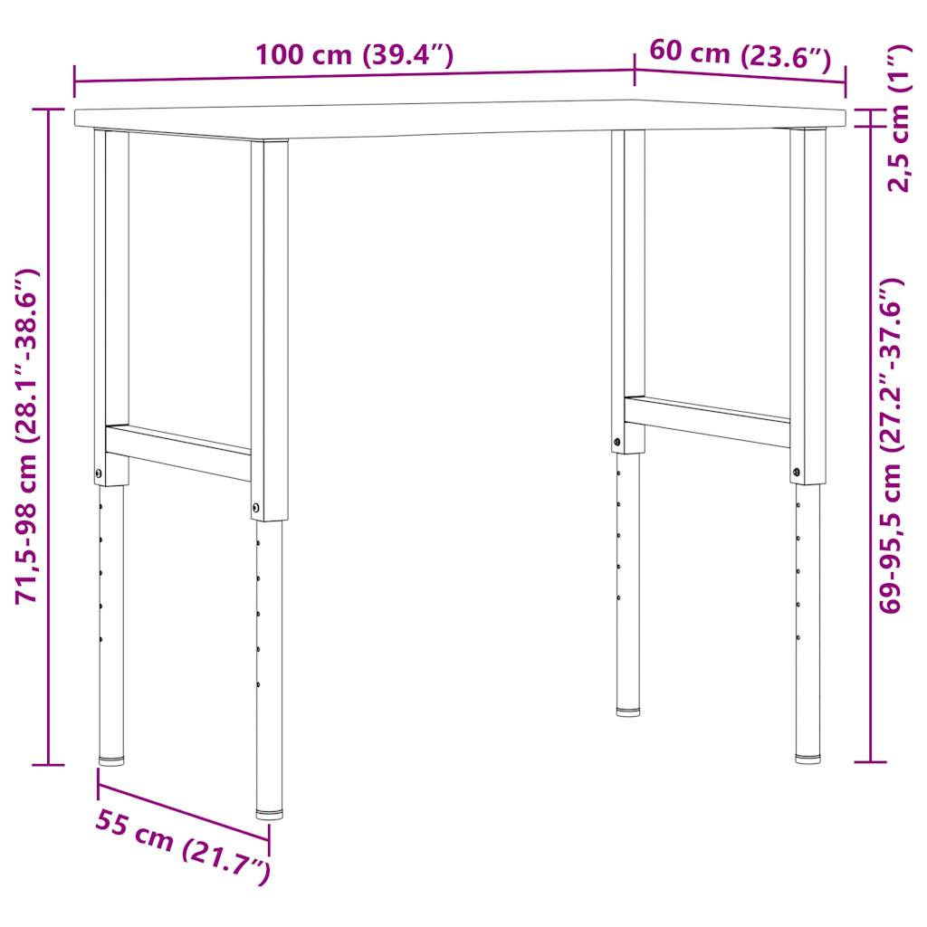 Werkbank Dunkelbraun 100x60x(71,5-98) cm Massivholz Eiche