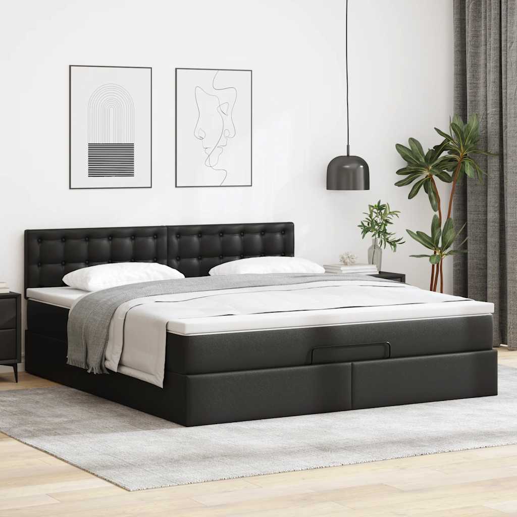 Ottoman-Bett mit Matratzen & LEDs Schwarz 160x200 cm Kunstleder