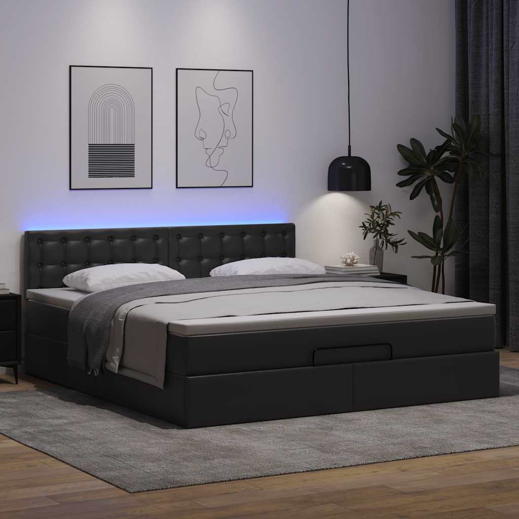 Ottoman-Bett mit Matratzen & LEDs Schwarz 160x200 cm Kunstleder