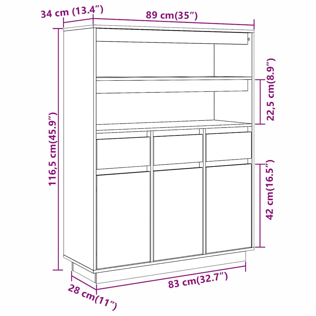 Highboard Weiß 89x34x116,5 cm Massivholz Kiefer