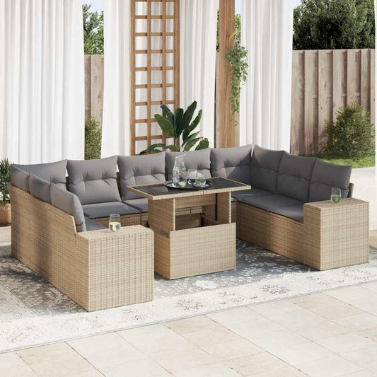 10-tlg. Garten-Sofagarnitur mit Kissen Beige Poly Rattan