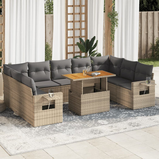 10-tlg. Garten-Sofagarnitur mit Kissen Beige Poly Rattan